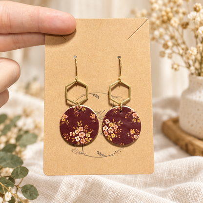 Maroon floral round earrings with gold hexagon connectors
