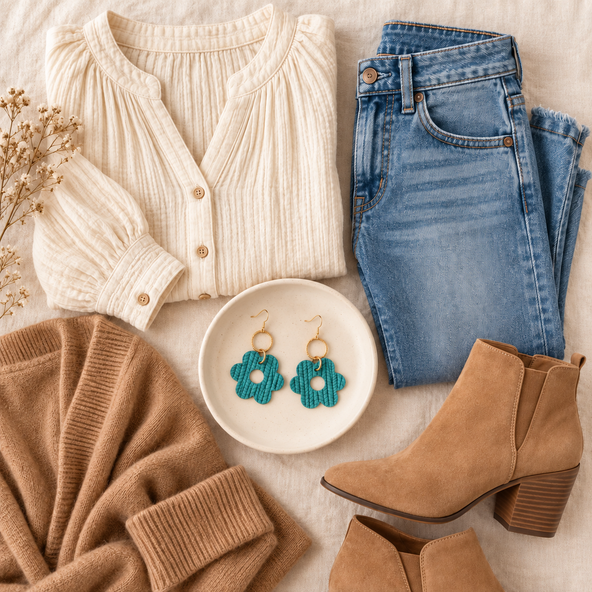 Medium teal flower earrings styled with a cream and camel outfit