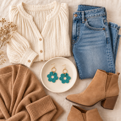 Medium teal flower earrings styled with a cream and camel outfit