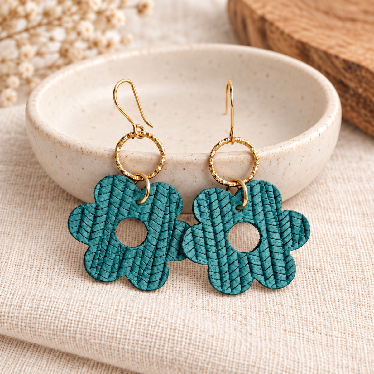 Medium teal palm-pattern leather flower earrings with gold hoops