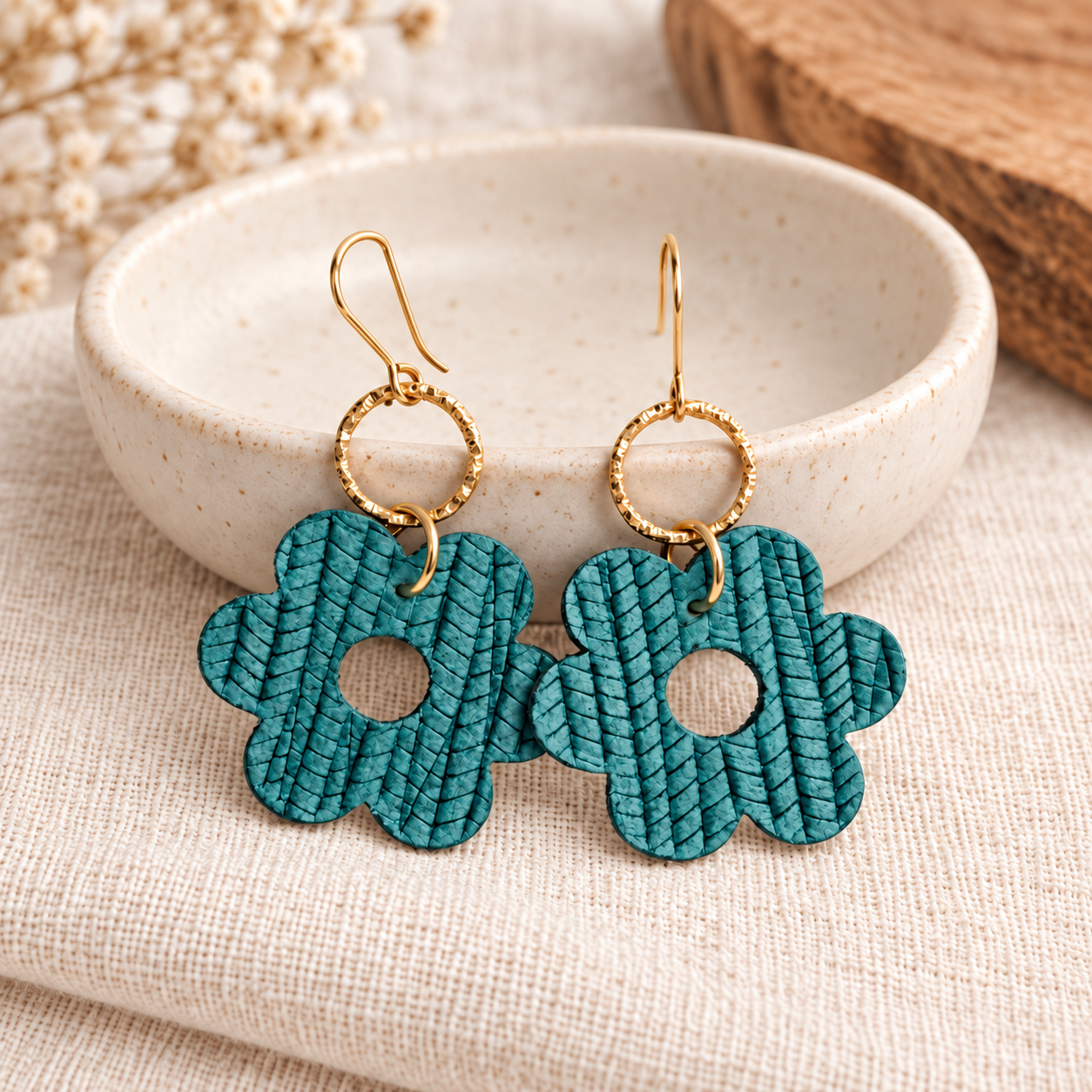 Medium teal palm-pattern leather flower earrings with gold hoops
