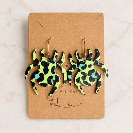 Neon lime, aqua and black leopard Halloween spider leather earrings