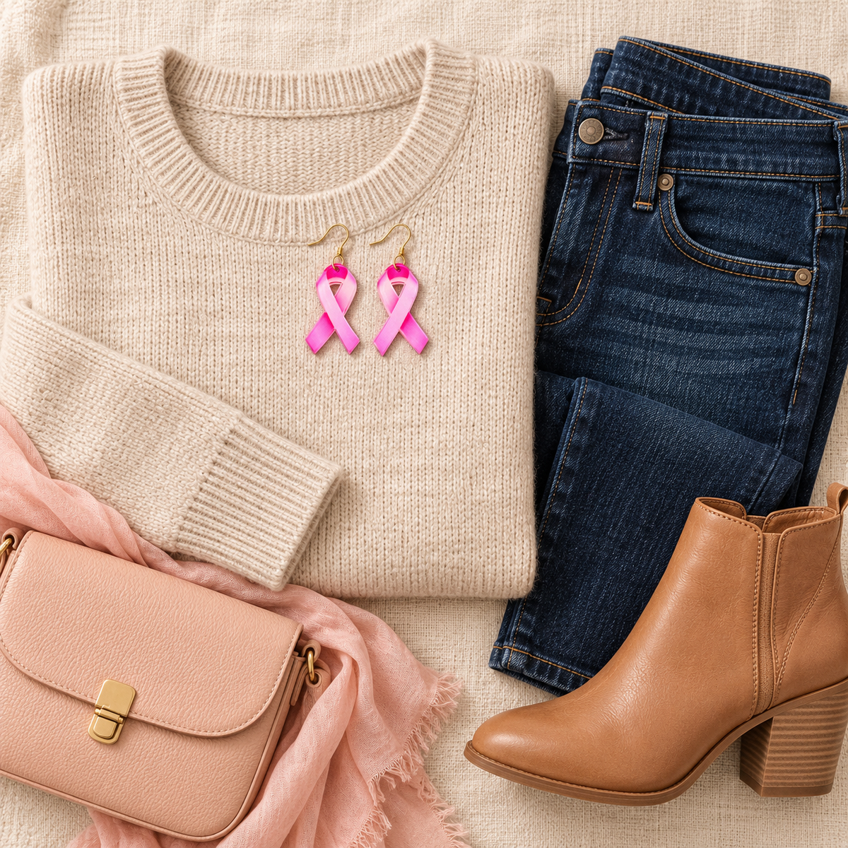 Pink ombré awareness ribbon earrings styled with an oatmeal sweater, dark jeans and tan boots.
