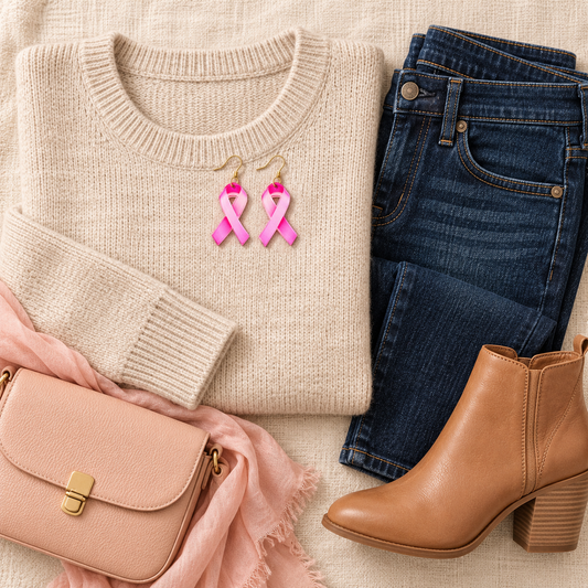 Pink ombré awareness ribbon earrings styled with an oatmeal sweater, dark jeans and tan boots.
