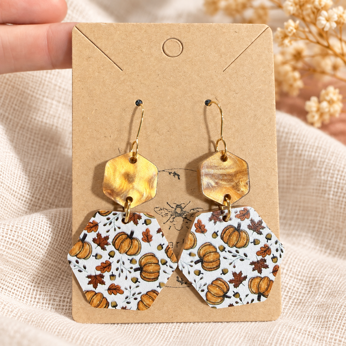Pumpkin patch acrylic hexagon earrings with gold-tone stainless steel hooks