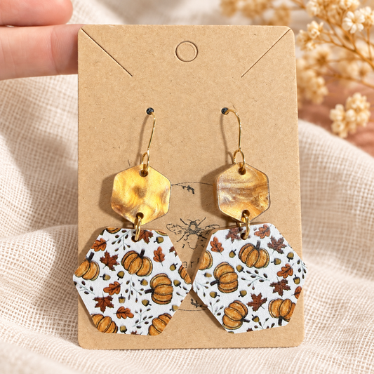 Pumpkin patch acrylic hexagon earrings with gold-tone stainless steel hooks