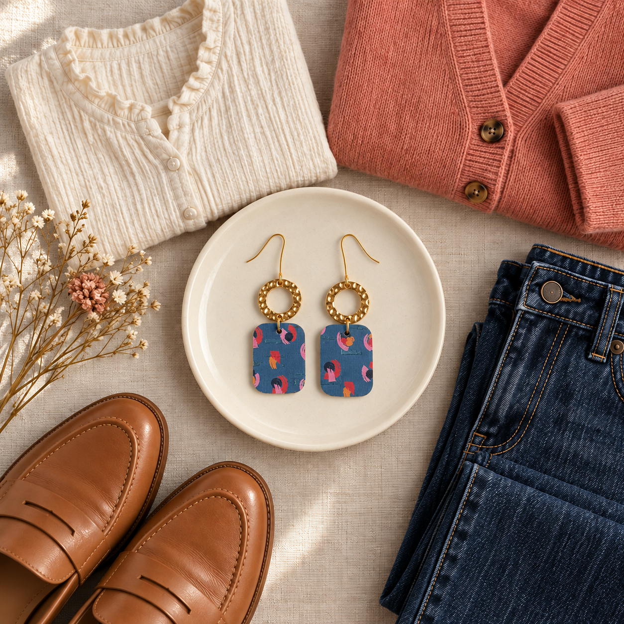 Teal abstract floral earrings with a cream, coral and denim outfit