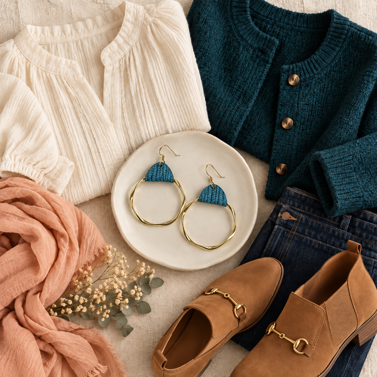 Teal leather gold hoop earrings styled with a cream and teal outfit.