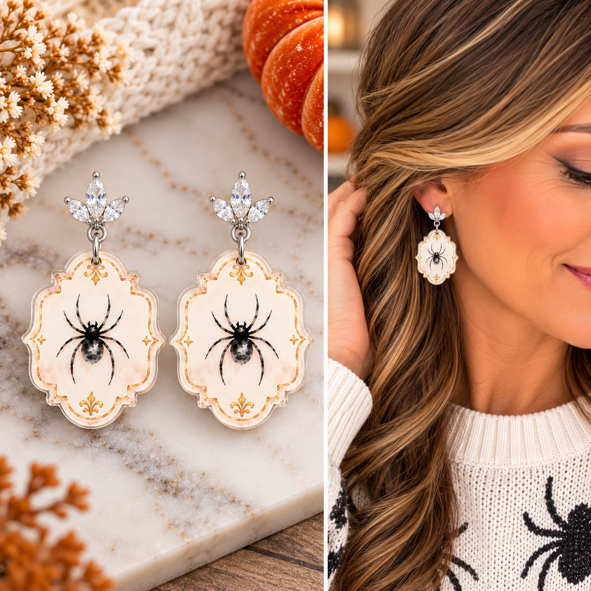 Vintage spider acrylic Halloween earrings styled for fall