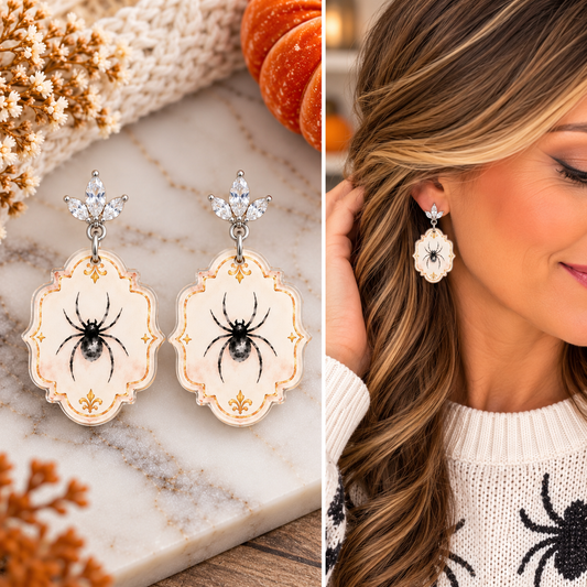 Vintage spider acrylic Halloween earrings styled for fall