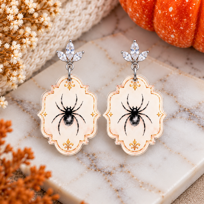 Vintage spider acrylic Halloween earrings with silver crystal connectors