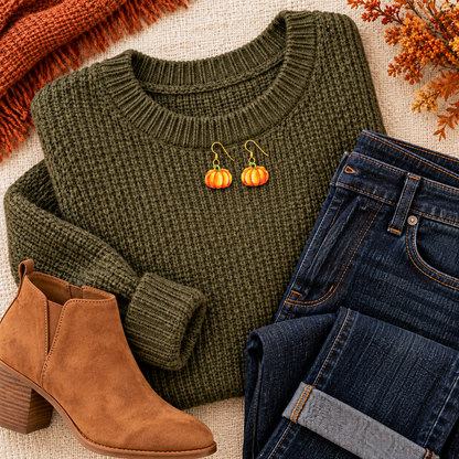 Petite orange pumpkin earrings styled with an olive sweater, dark jeans and tan ankle boot.