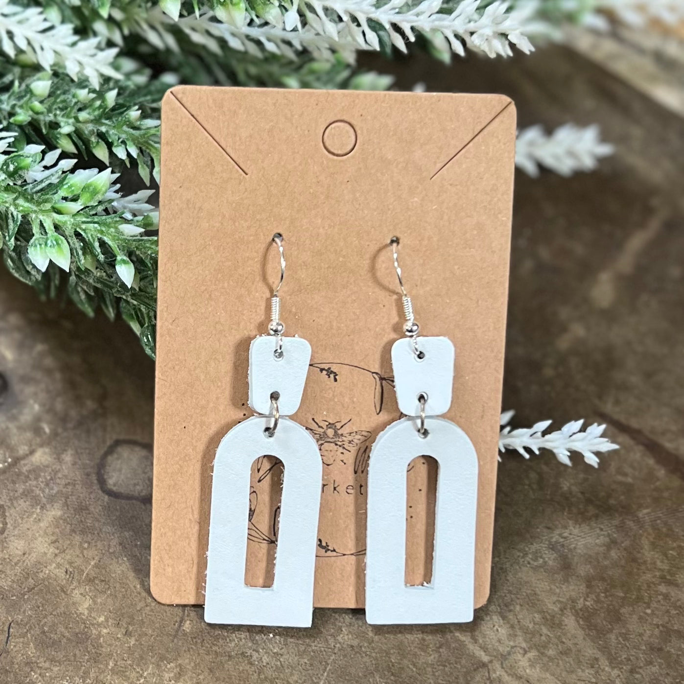 White Open Arch Leather Dangle Earrings