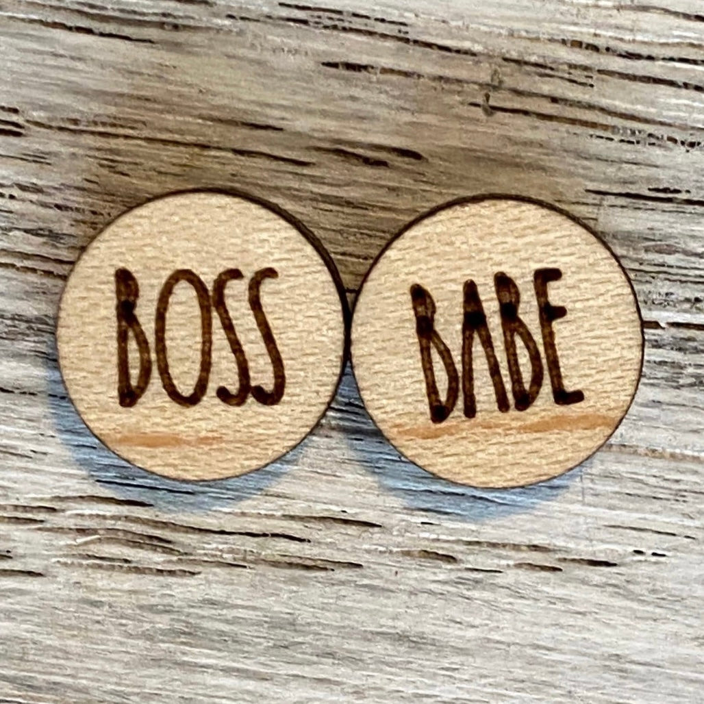 Handmade Boss Babe Wood Stud Earrings