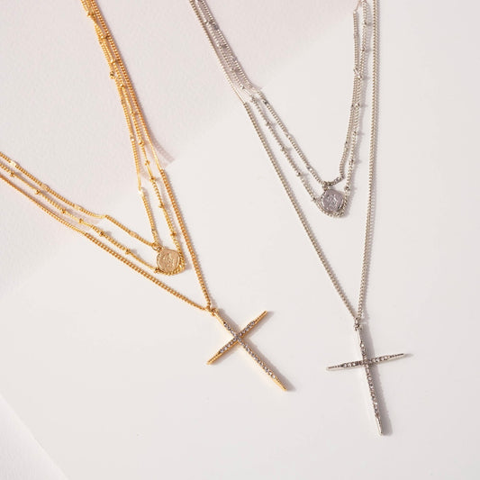 Set of 3 Silver Necklaces w/ Cross & Coin Charms