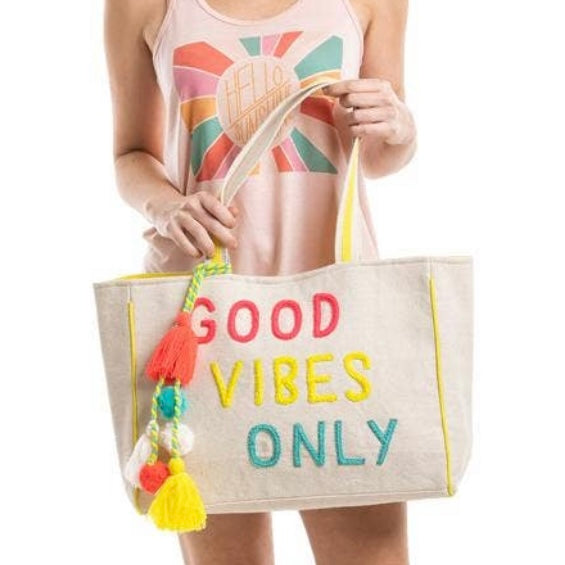 Good Vibes Only Woven Canvas Tote or Beach Bag