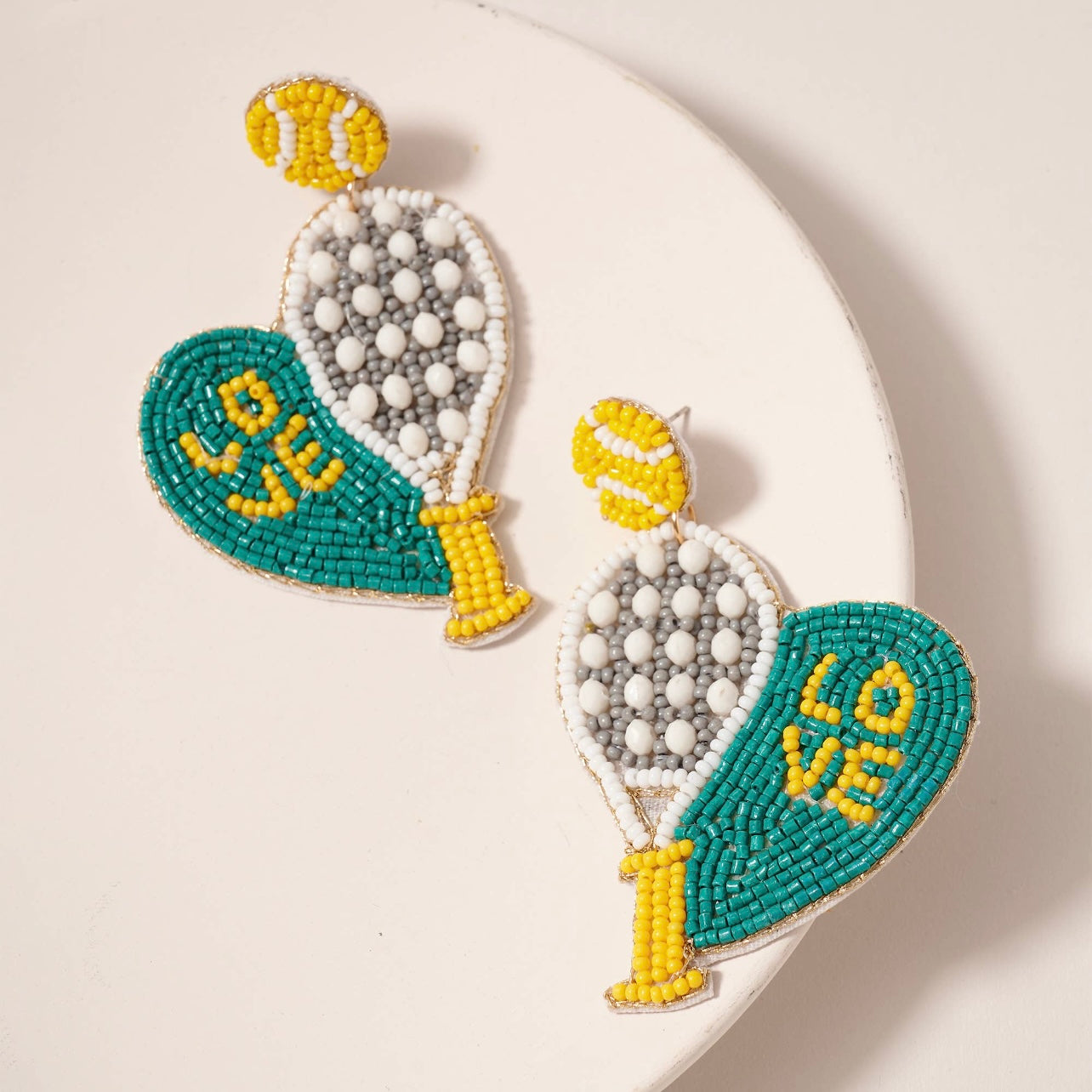 Tennis Heart Racket & Ball Seed Bead Earrings