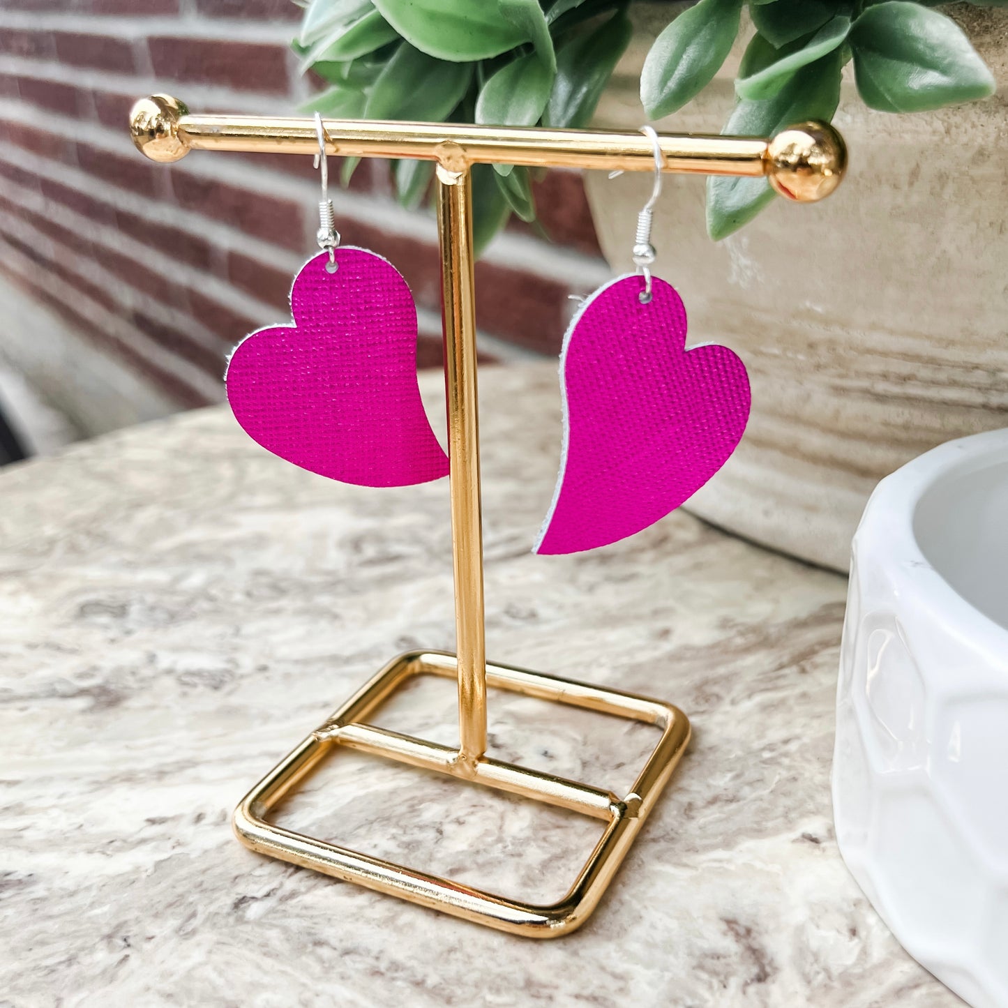 Handmade Genuine Leather Valentine Heart Love Pink Shimmer Earrings