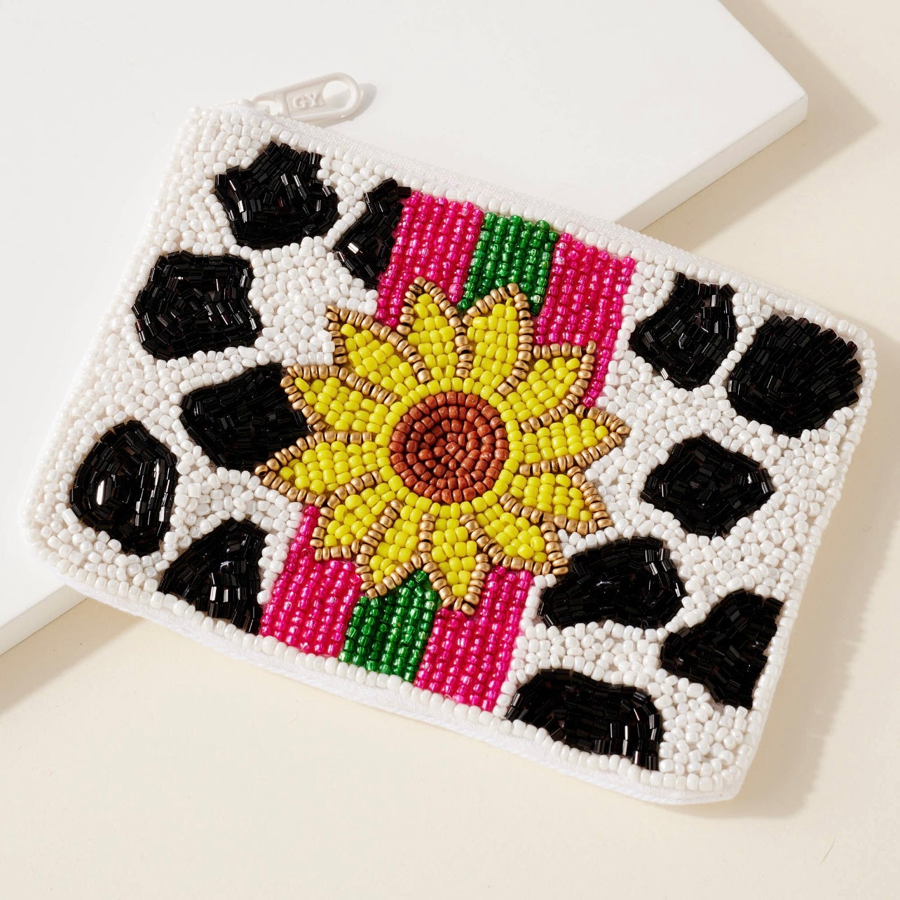 Sunflower Cow Print Beaded Coin Purse