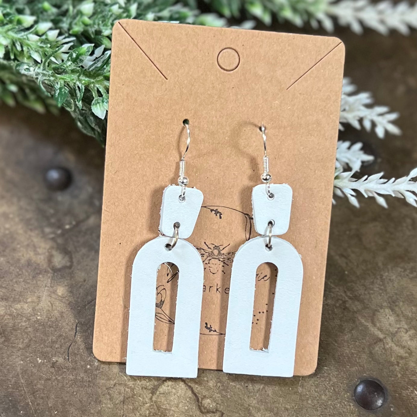 White Open Arch Leather Dangle Earrings