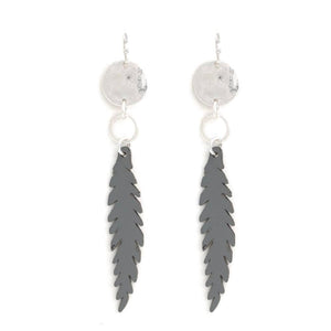 Silver Disc & Gray Leather Feather Earrings