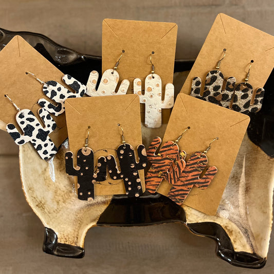 Handmade Genuine Leather Cactus Pattern Earrings
