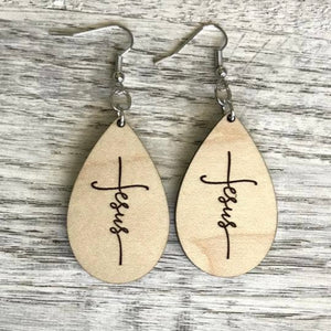 Handmade Jesus Cross Drop Wood Earrings