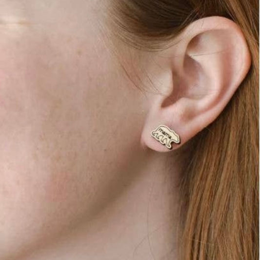 Handmade Mama Bear Wood Stud Earrings