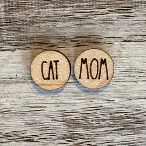 Handmade Cat Mom Wood Stud Earrings