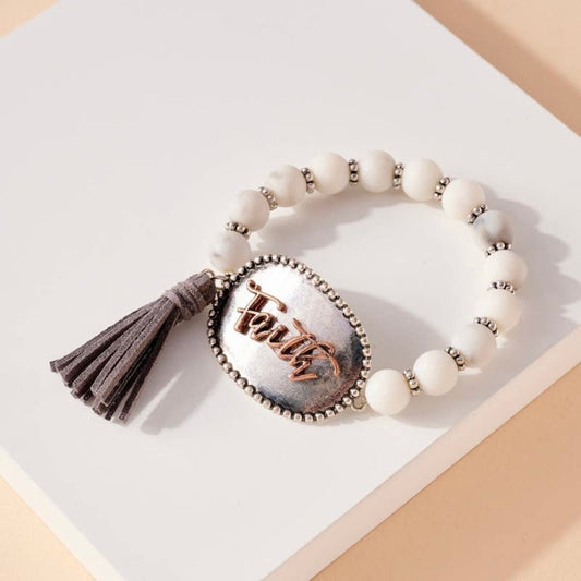 Pink or White - Distressed Faith Tassel Stone Beaded Stretch Bracelet