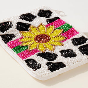 Sunflower Cow Print Beaded Coin Purse