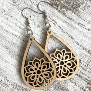 Handmade Mandala Zinnia Drop Wood Earrings