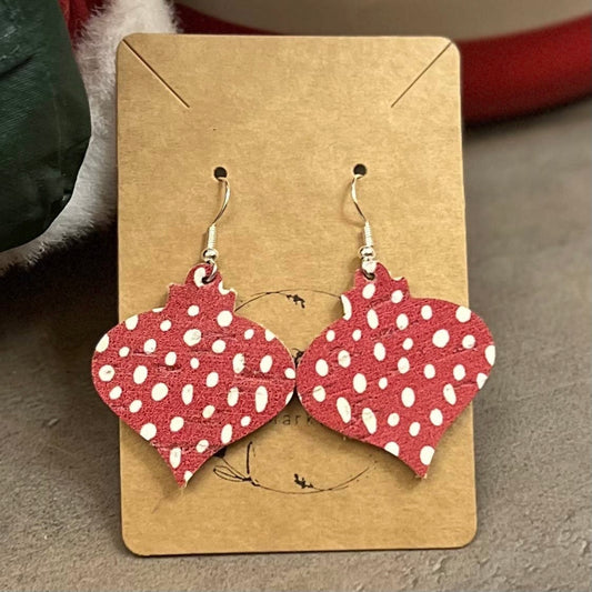 Red & White Genuine Leather Christmas Ornament Earrings