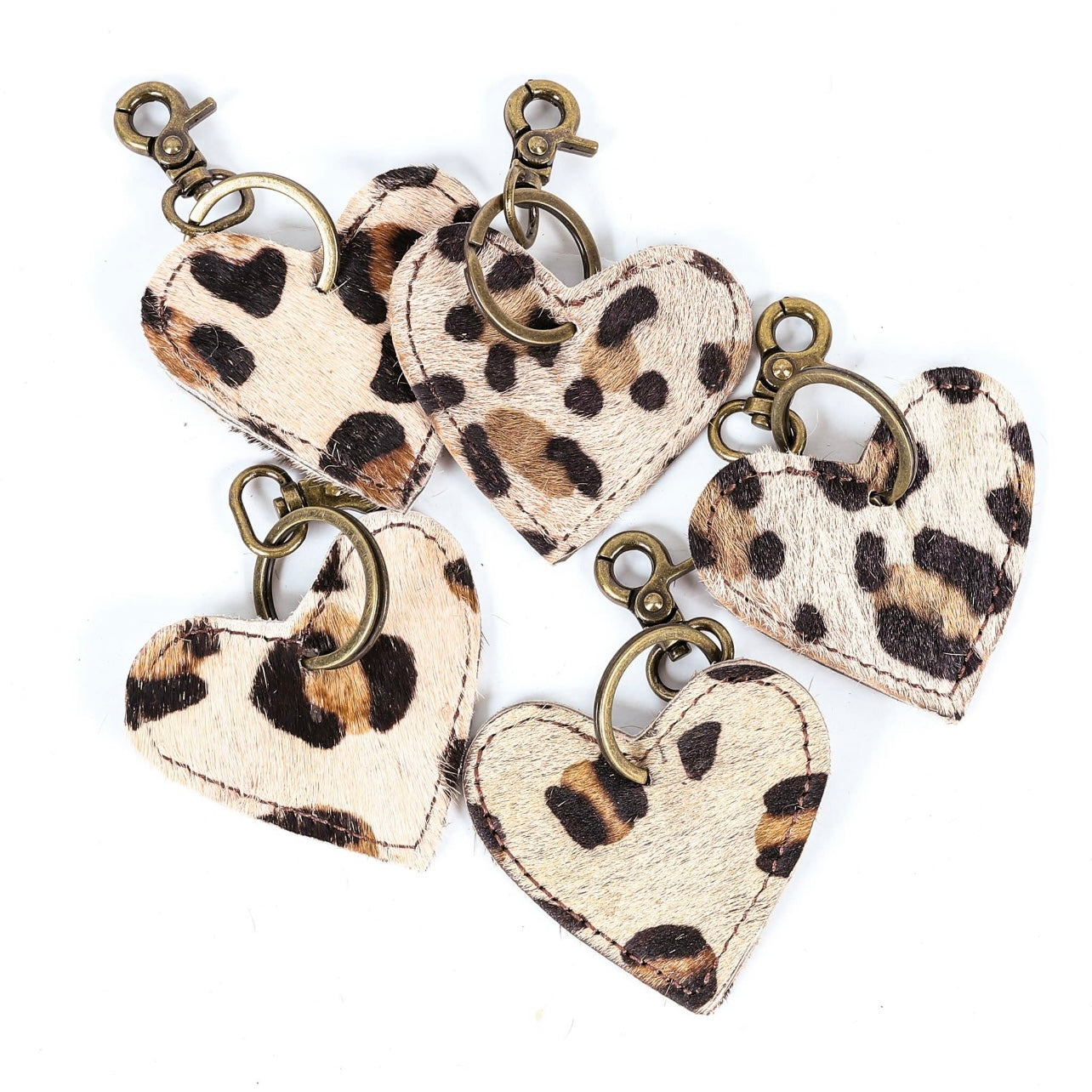 Heart Cowhide Keychains - Leopard