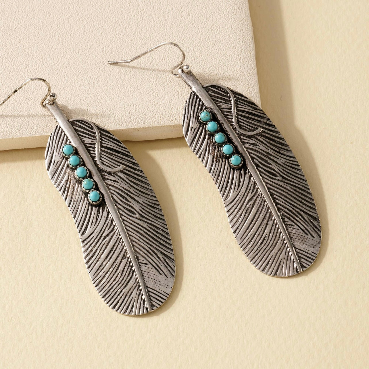 Western Feather Dangling Earrings - Silver & Turquoise