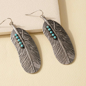 Western Feather Dangling Earrings - Silver & Turquoise