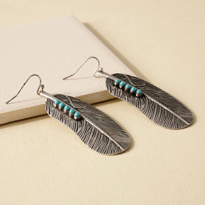 Western Feather Dangling Earrings - Silver & Turquoise