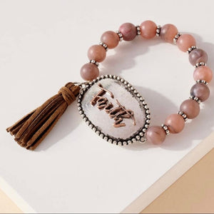 Pink or White - Distressed Faith Tassel Stone Beaded Stretch Bracelet