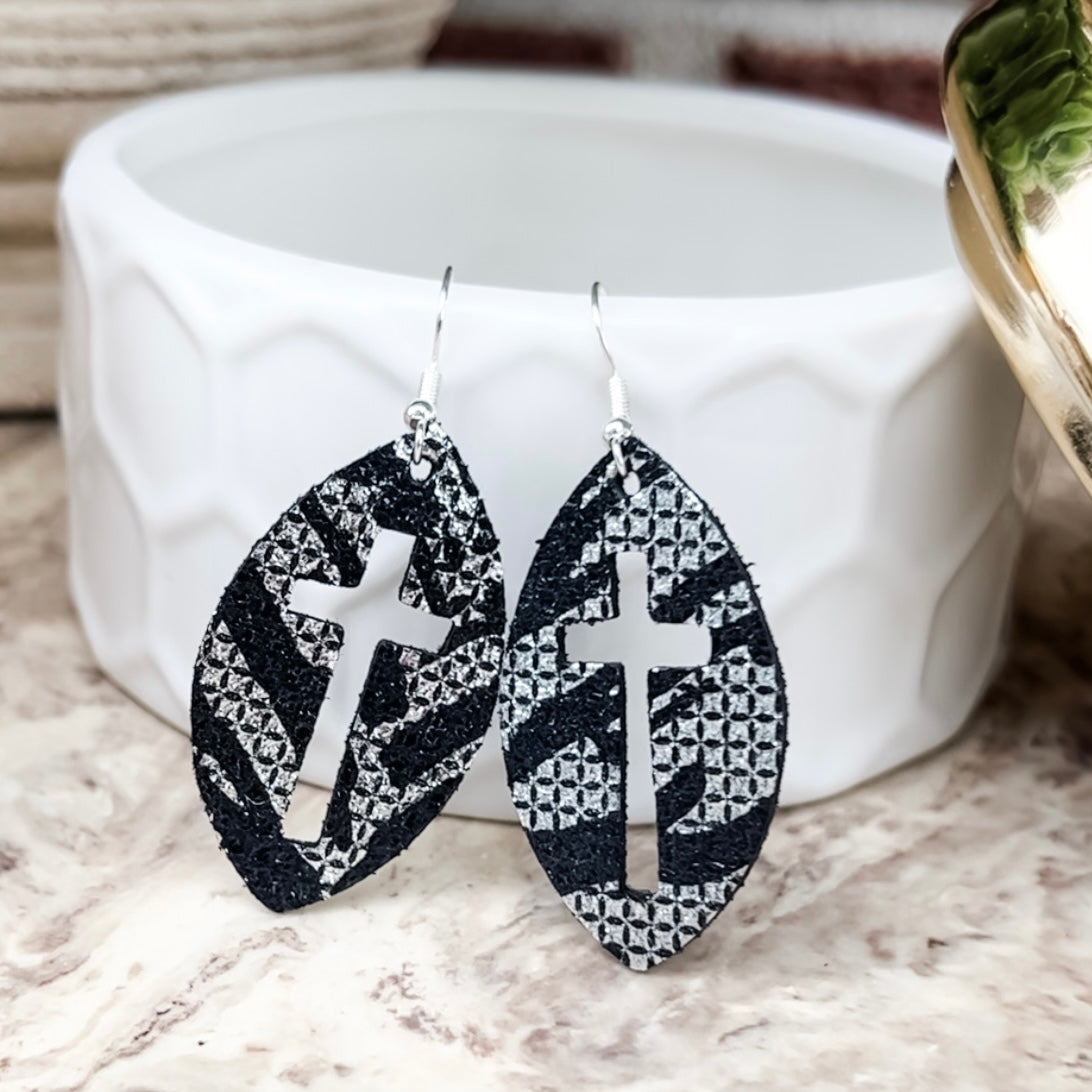Cross Cutout Leather Earrings close-up product detail