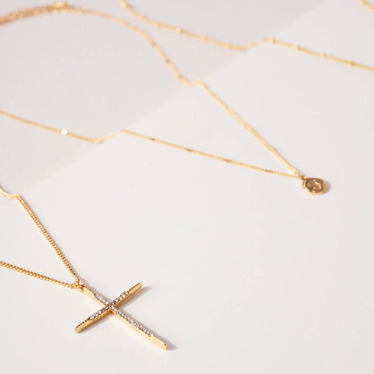 18k Gold Plated Layered Necklaces w/ Cross & Coin Charms