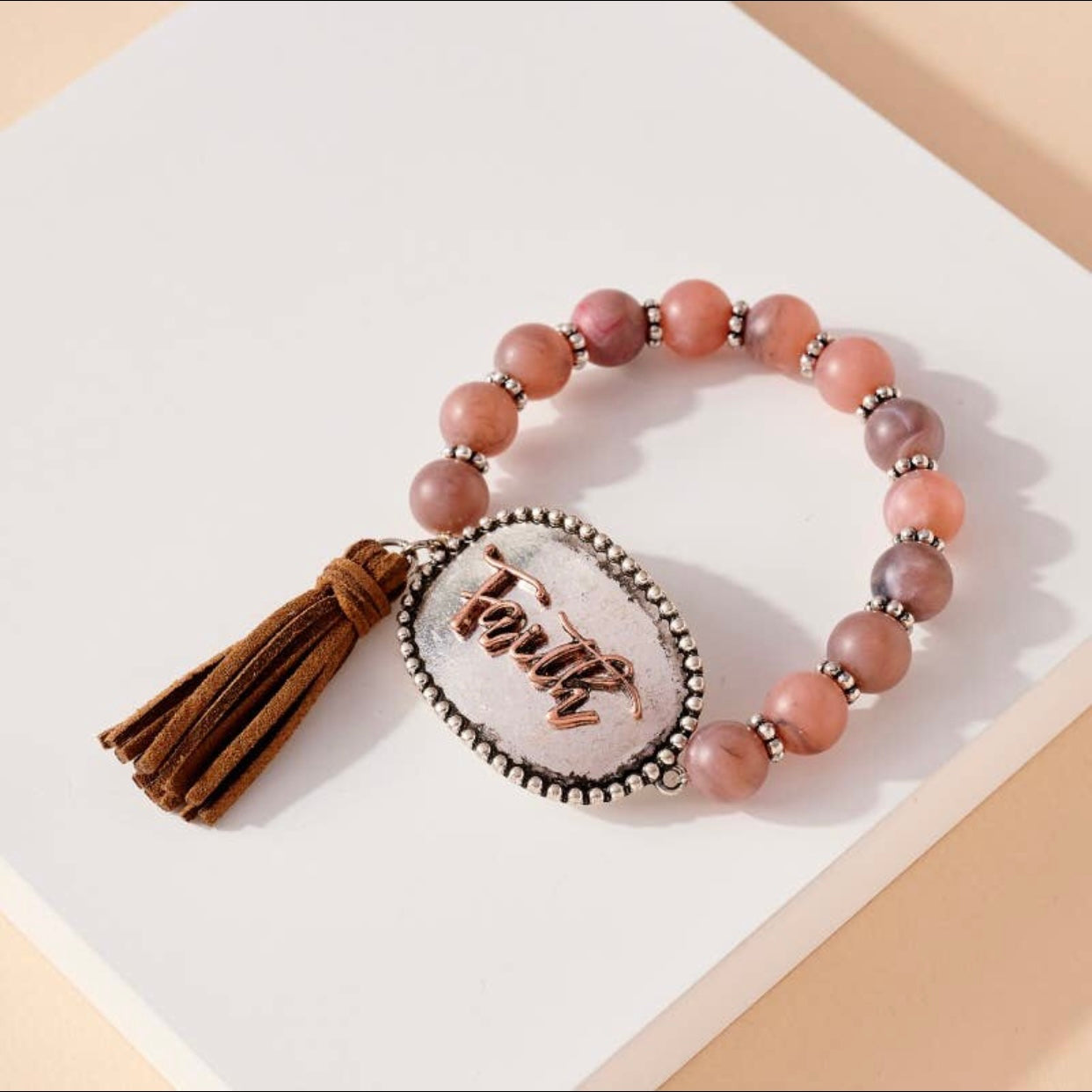 Pink or White - Distressed Faith Tassel Stone Beaded Stretch Bracelet