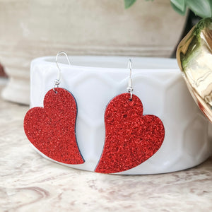 Handmade Genuine Leather Valentine Heart Love Red Glitter Earring