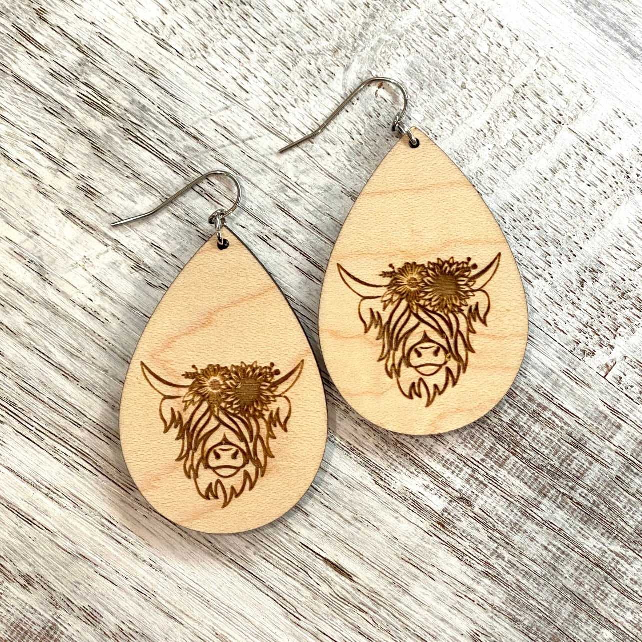 Handmade Highland Cow Teardrop w/ Flower Wood Earrings DS