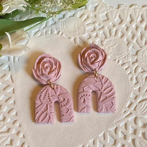 Blush Pink Rose & Lace Clay Earrings