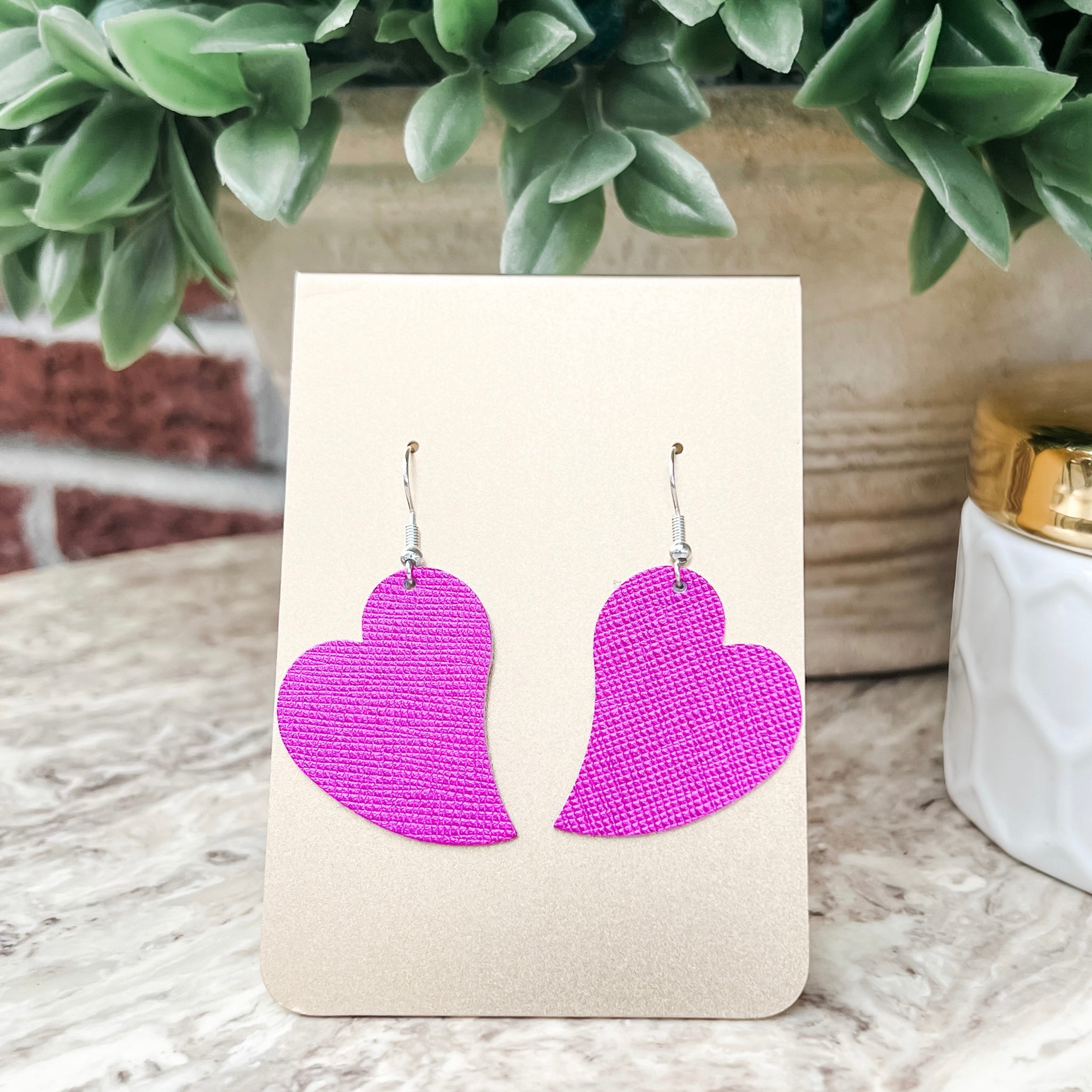 Handmade Genuine Leather Valentine Heart Love Pink Shimmer Earrings