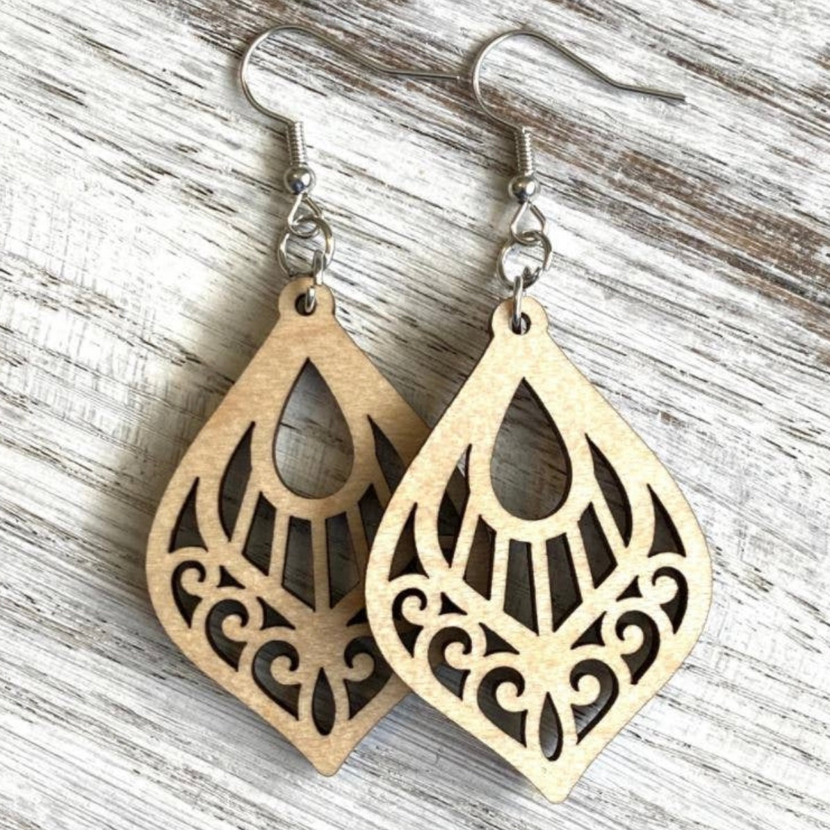 Handmade Mandala Lute Drop Wood Earrings