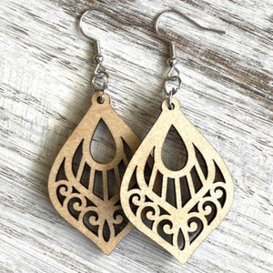 Handmade Mandala Lute Drop Wood Earrings